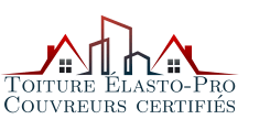 Logo de Toiture Élasto-Pro présentant des toits de maisons et d'édifices avec inscription Toiture Élasto-Pro - Couvreurs certifiés