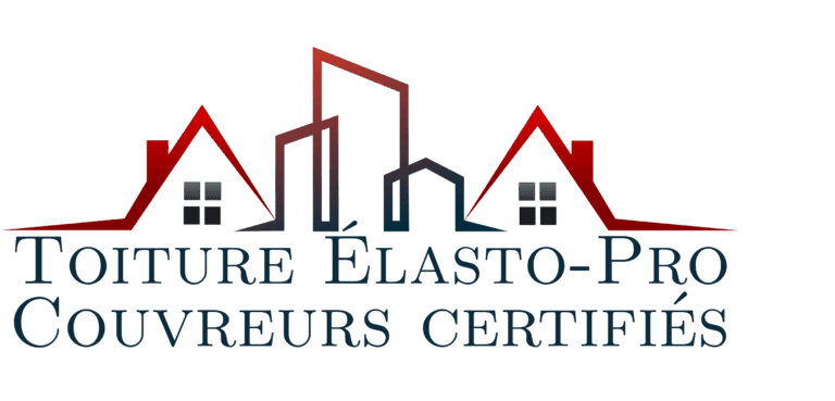 Logo de Toiture Élasto-Pro présentant des toits de maisons et d'édifices avec inscription Toiture Élasto-Pro - Couvreurs certifiés